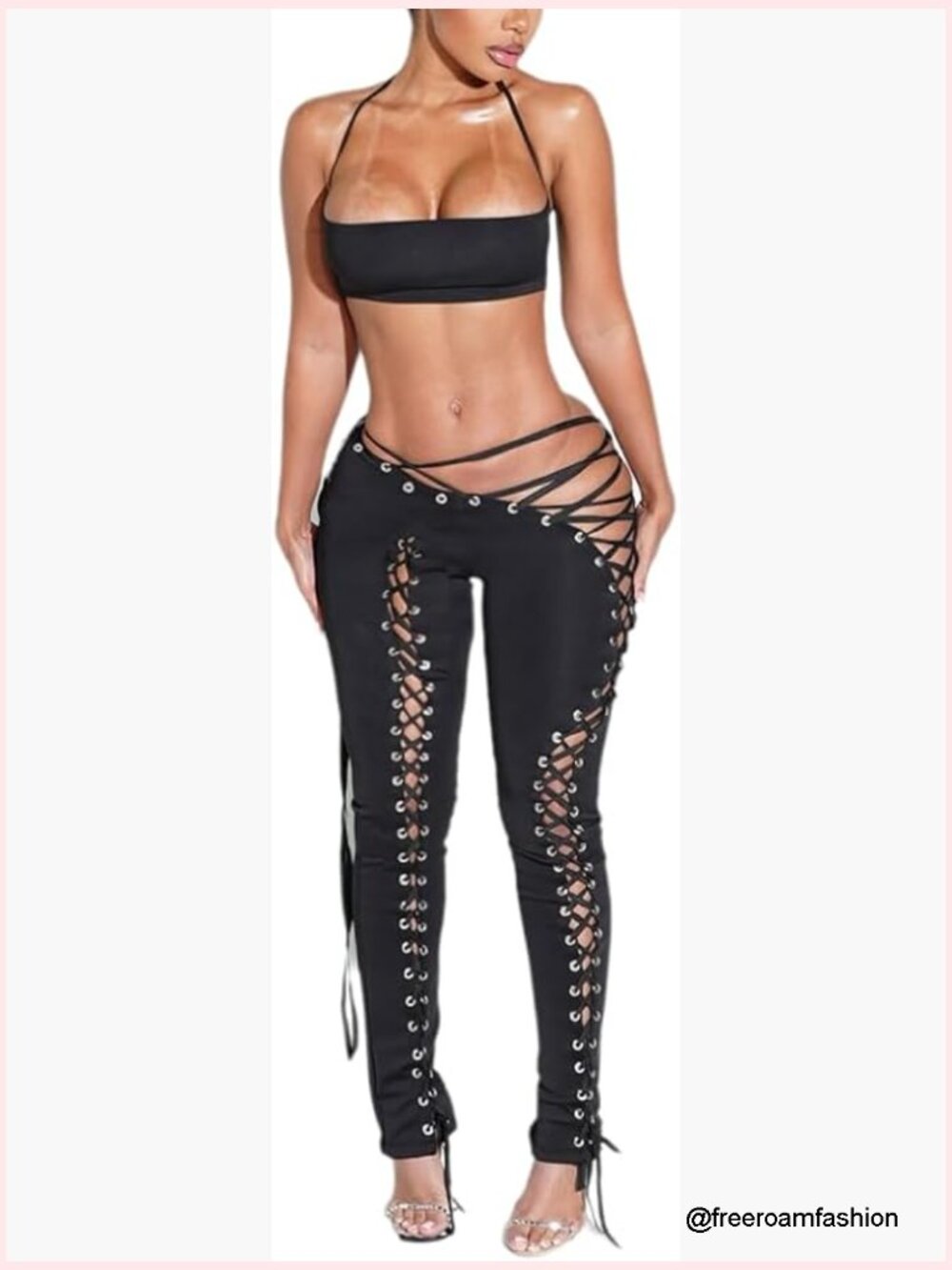 Sexy Two Piece Set Halter Tube Top High Waist Lace Up Pants